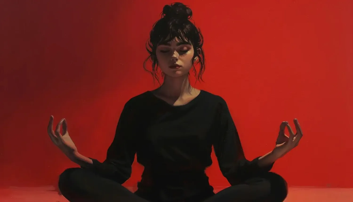 young woman seated cross-legged in a meditation pose against a red background.