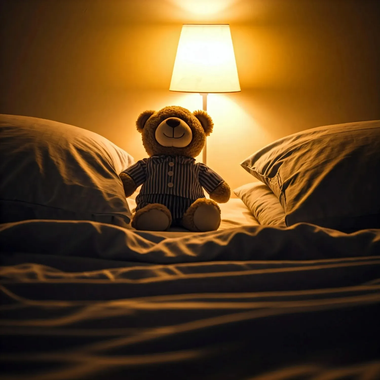 Un peluche con pijama sobre una cama en una habitación acogedora con luz tenue.