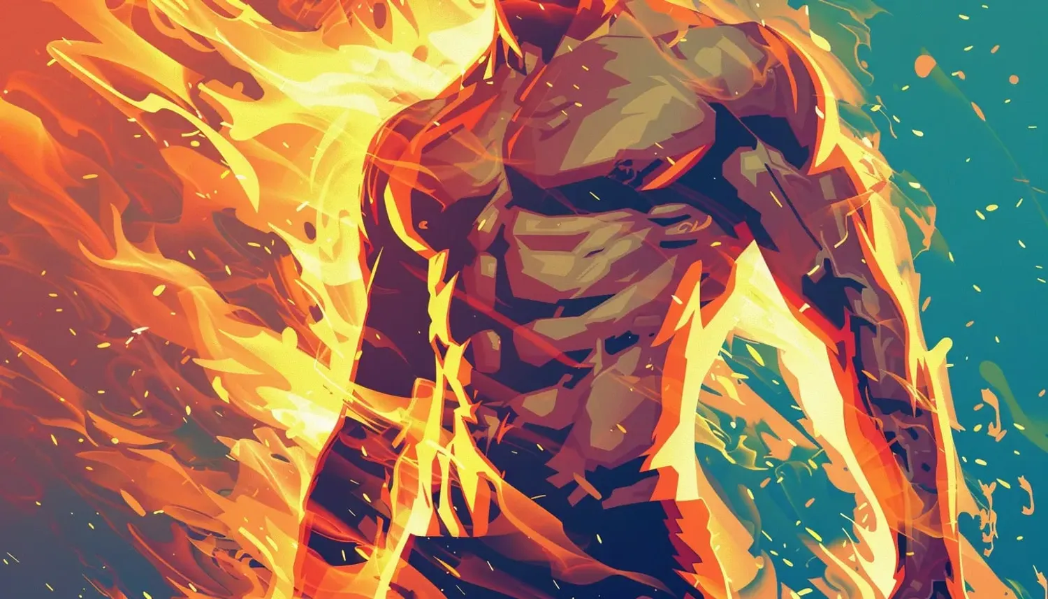 Digital illustration of the torso of a man on fire.