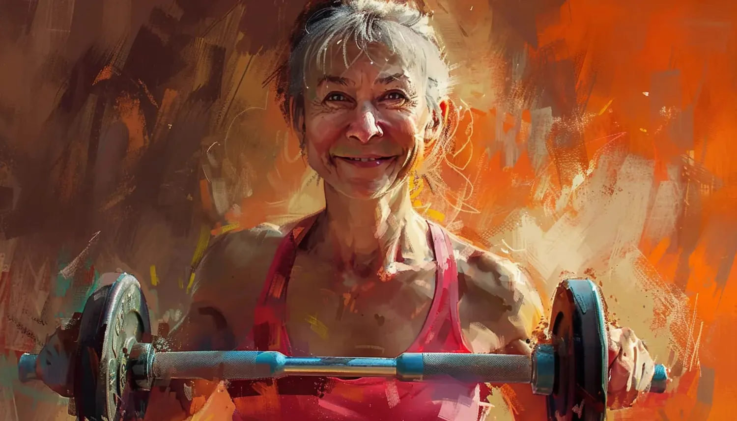 Older woman smiling brightly while holding a bar.